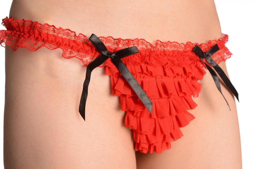 Liss Kiss Red Mesh With Black Bows Frilly Thong - Knickers