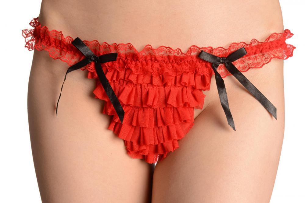 Liss Kiss Red Mesh With Black Bows Frilly Thong - Knickers
