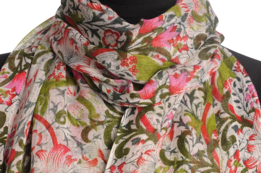 Liss Kiss Red & Olive Green Lilly Flowers With Tessels - Scarf