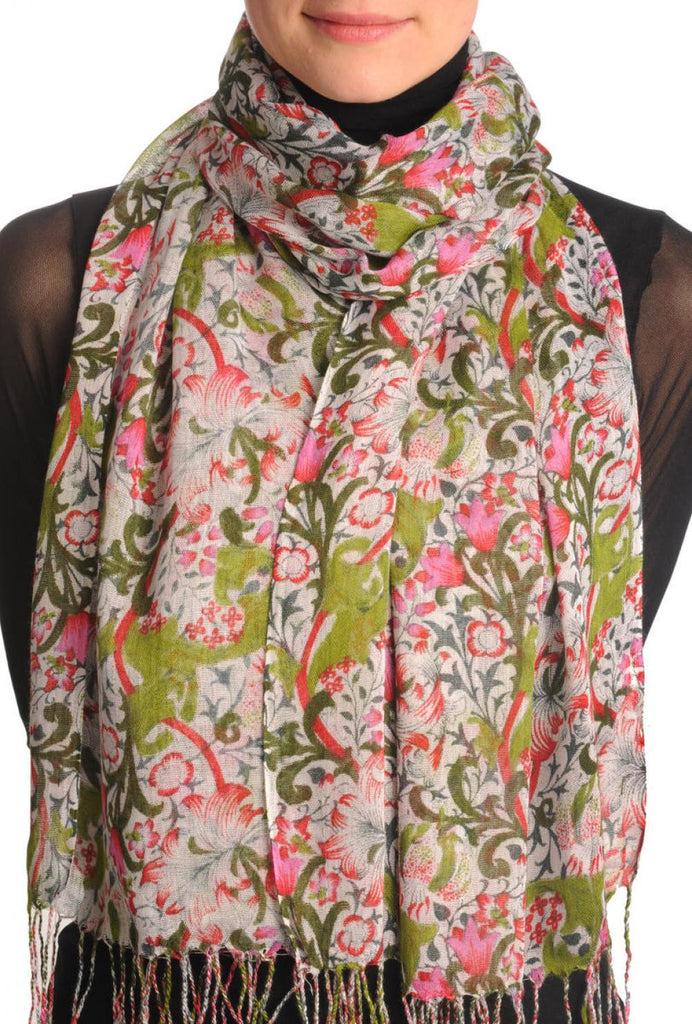 liss kiss Red & Olive Green Lilly Flowers With Tessels - Scarf