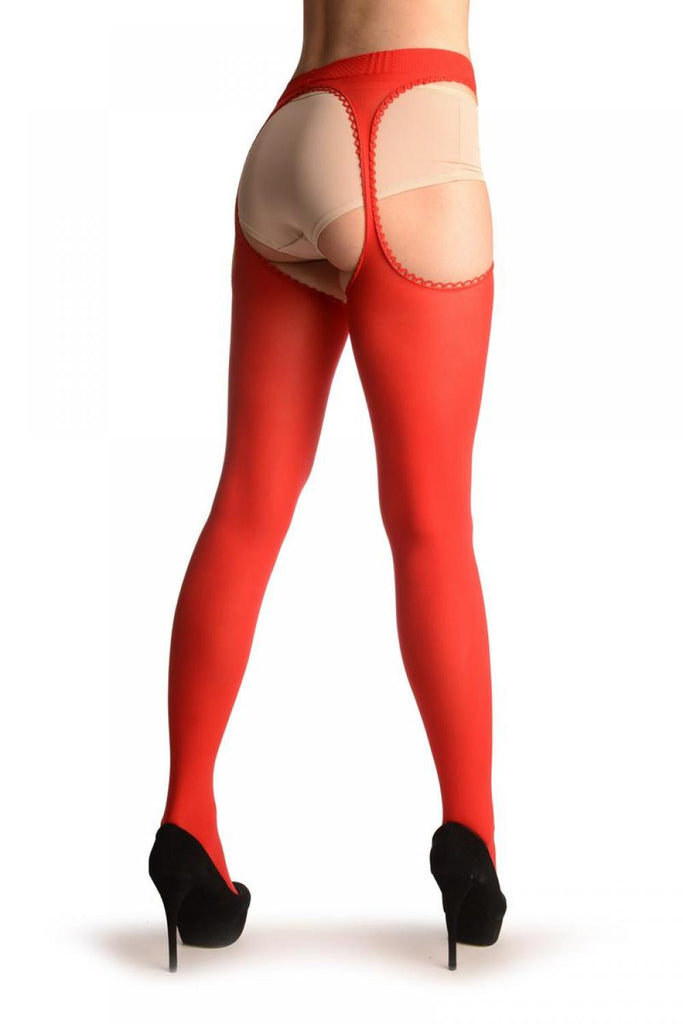 liss kiss Red Opaque With Attached Suspender Belt - Tights