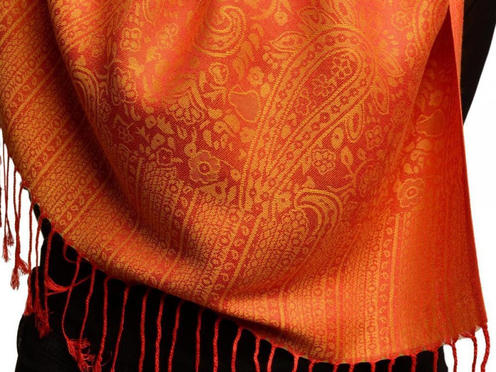 Liss Kiss Red & Orange Paisleys Pashmina Feel With Tassels - Scarf