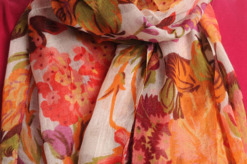 Liss Kiss Red & Orange Summer Garden Flowers On White - Scarf