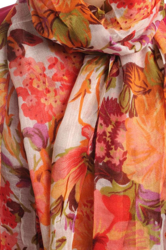 Liss Kiss Red & Orange Summer Garden Flowers On White - Scarf