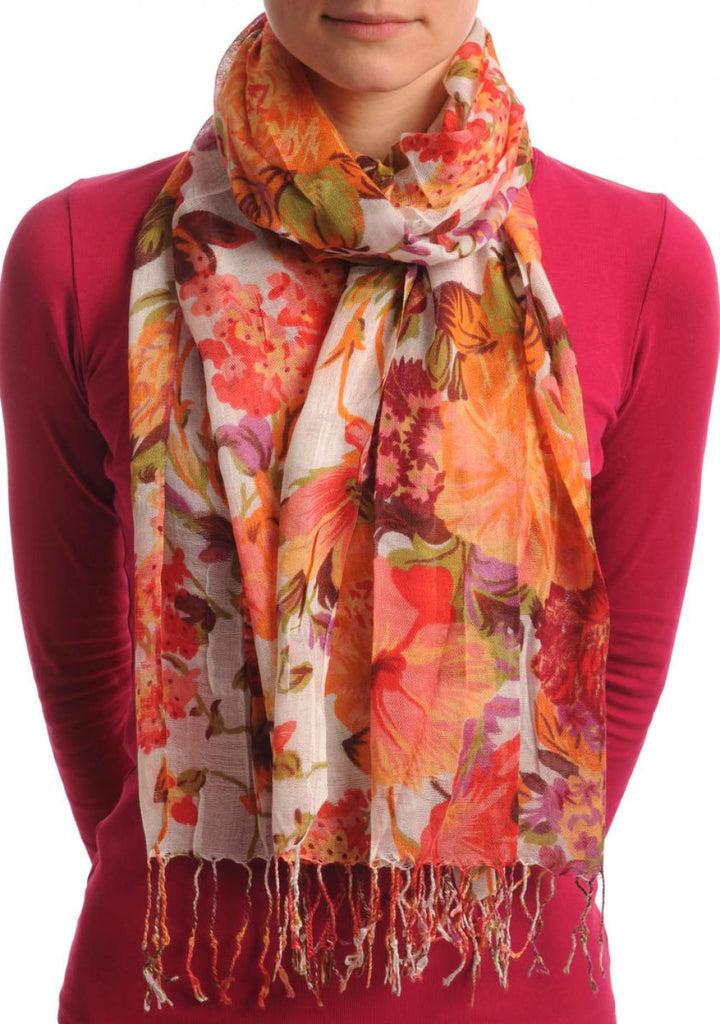 liss kiss Red & Orange Summer Garden Flowers On White - Scarf