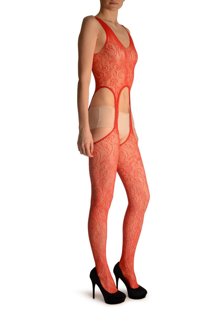 Liss Kiss Red Paisley Lace Bodystocking - Bodystocking