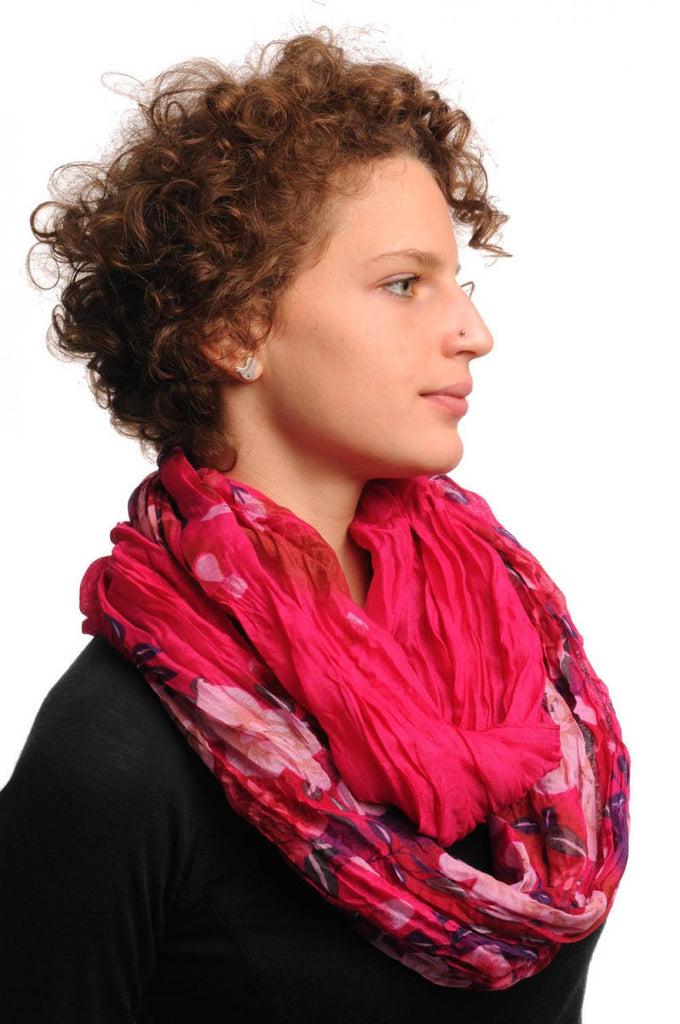 Liss Kiss Red & Pink Flowers On Dark Fuchsia Pink Snood Scarf - Snood
