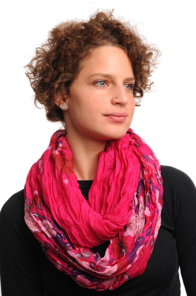 Liss Kiss Red & Pink Flowers On Dark Fuchsia Pink Snood Scarf - Snood