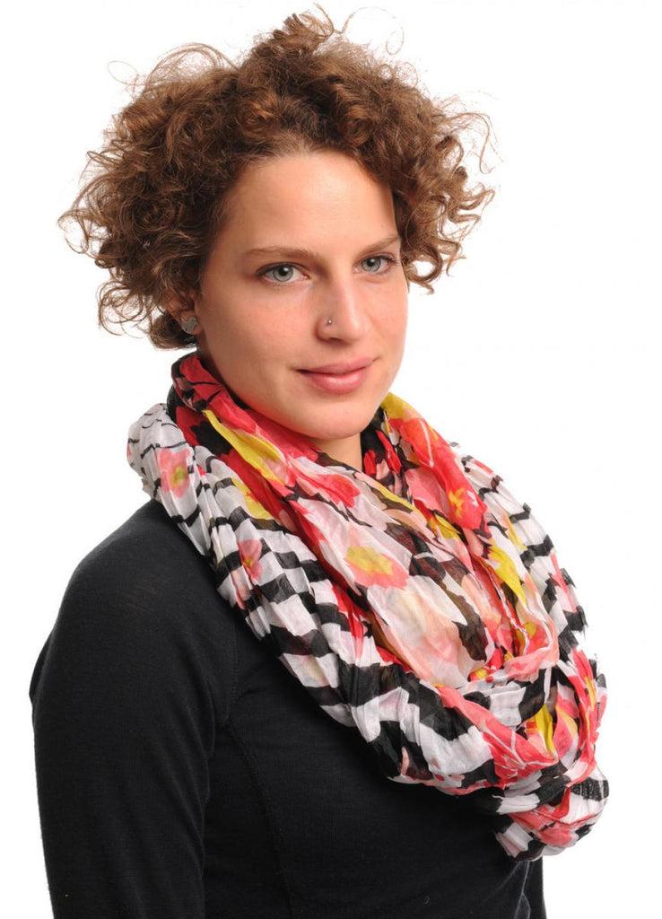 Liss Kiss Red & Pink Flowers With Black & White Stripes On Black Snood Scarf - Snood