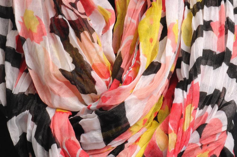 Liss Kiss Red & Pink Flowers With Black & White Stripes On Black Snood Scarf - Snood