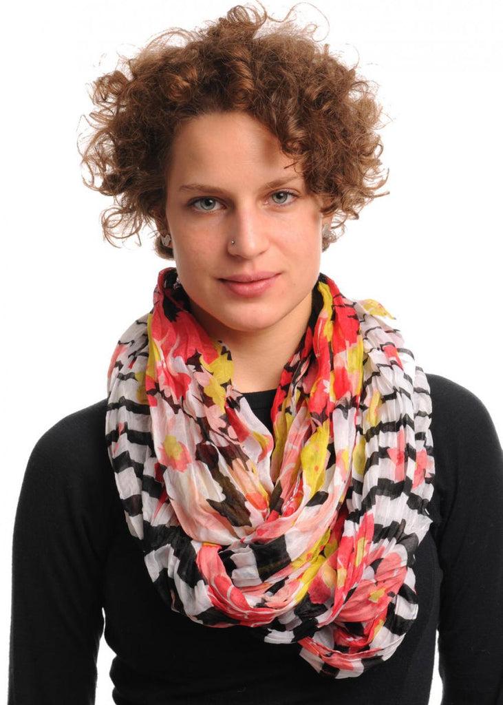 liss kiss Red & Pink Flowers With Black & White Stripes on Black Snood Scarf - Snood