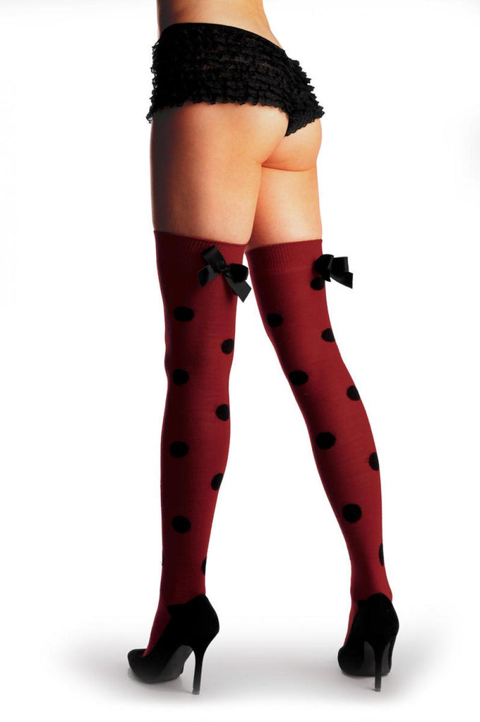 Liss Kiss Red Polka Dot With Black Bow Warm Cotton - Hold Ups