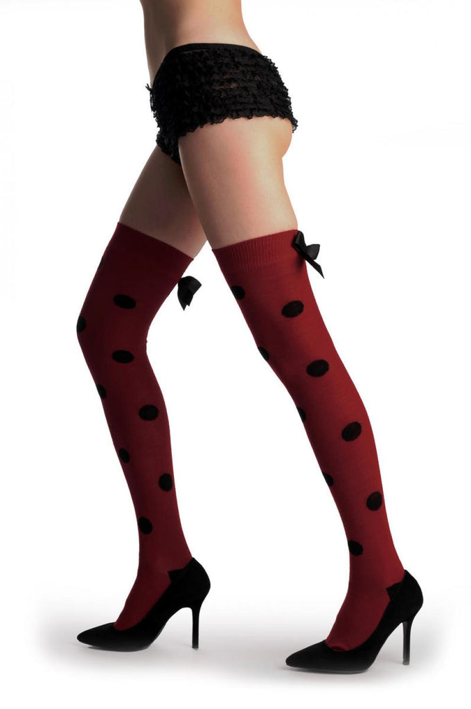 Liss Kiss Red Polka Dot With Black Bow Warm Cotton - Hold Ups