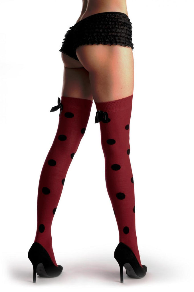 liss kiss Red Polka Dot With Black Bow Warm Cotton - Hold Ups