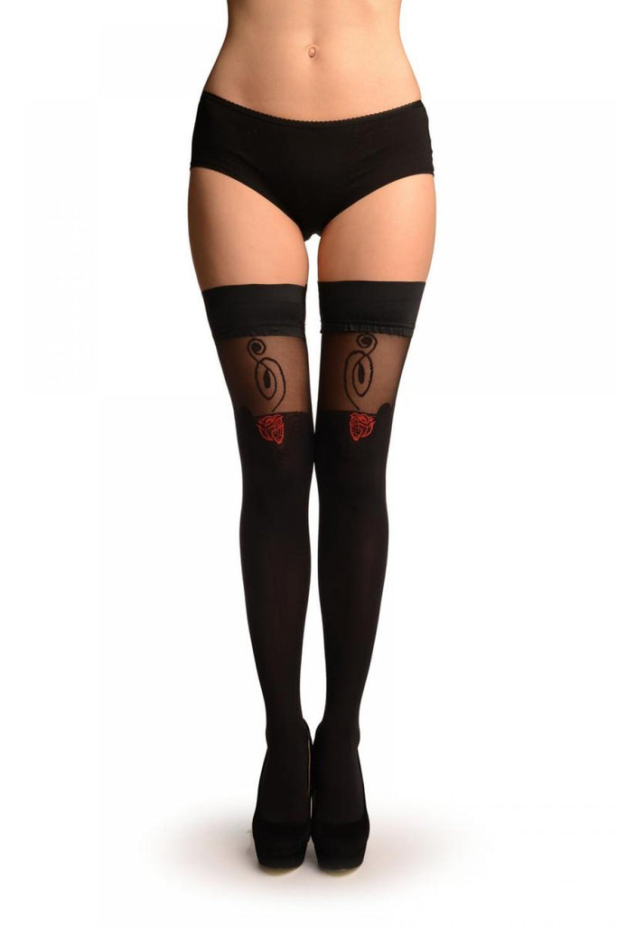 liss kiss Red Rose & & Sheer Top On Black With Silicon Garter - Hold Ups