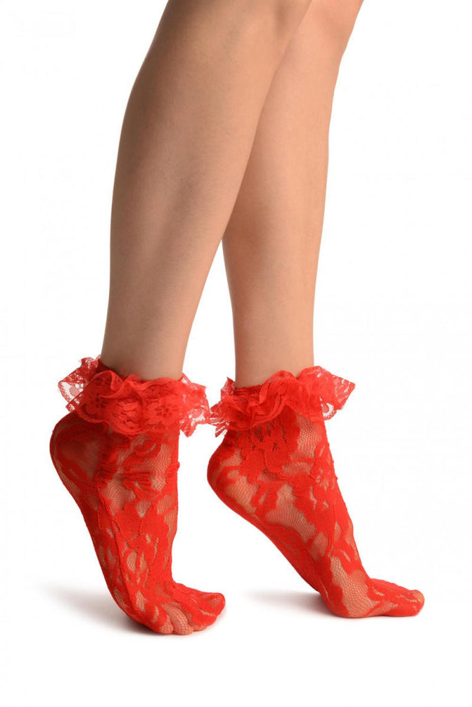 liss kiss Red Ruffled Stretch Lace Ankle High Socks - Socks