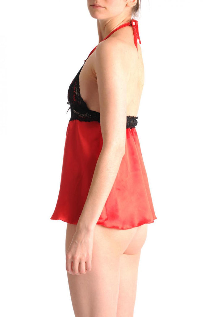 Liss Kiss Red Satin Babydoll With Black Lace Top & Matching Brief Set - Babydoll