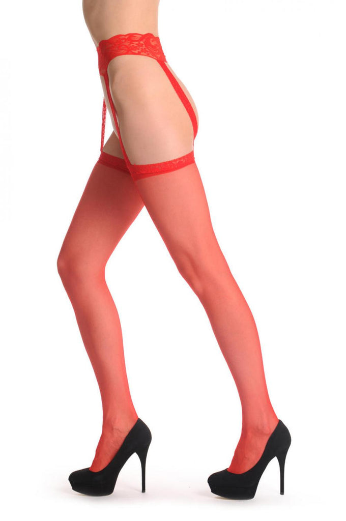 Liss Kiss Red Seamed Stockings With Attached Suspender Belt - Stockings