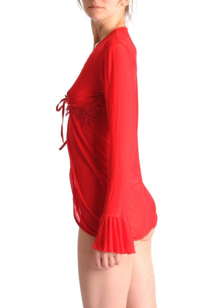 Liss Kiss Red Sheer Babydoll With Long Sleeves Lace & Matching Brief Set - Babydoll