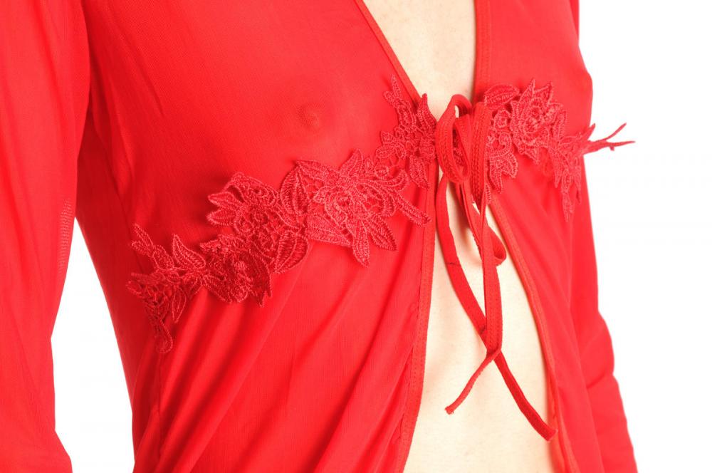 Liss Kiss Red Sheer Babydoll With Long Sleeves Lace & Matching Brief Set - Babydoll