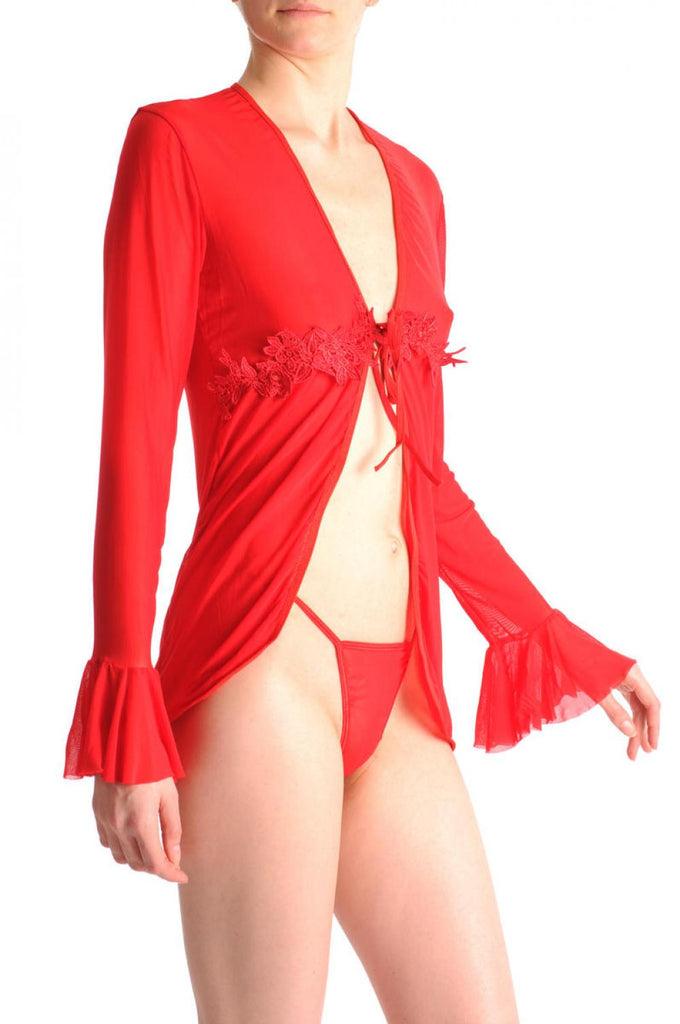 liss kiss Red Sheer Babydoll With Long Sleeves Lace & Matching Brief Set - Babydoll