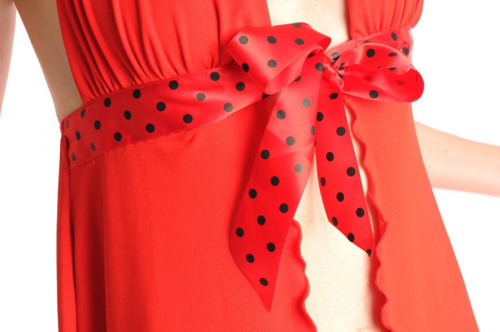Liss Kiss Red Sheer Babydoll With Red Satin Polka Dot Bow & Matching Brief - Babydoll
