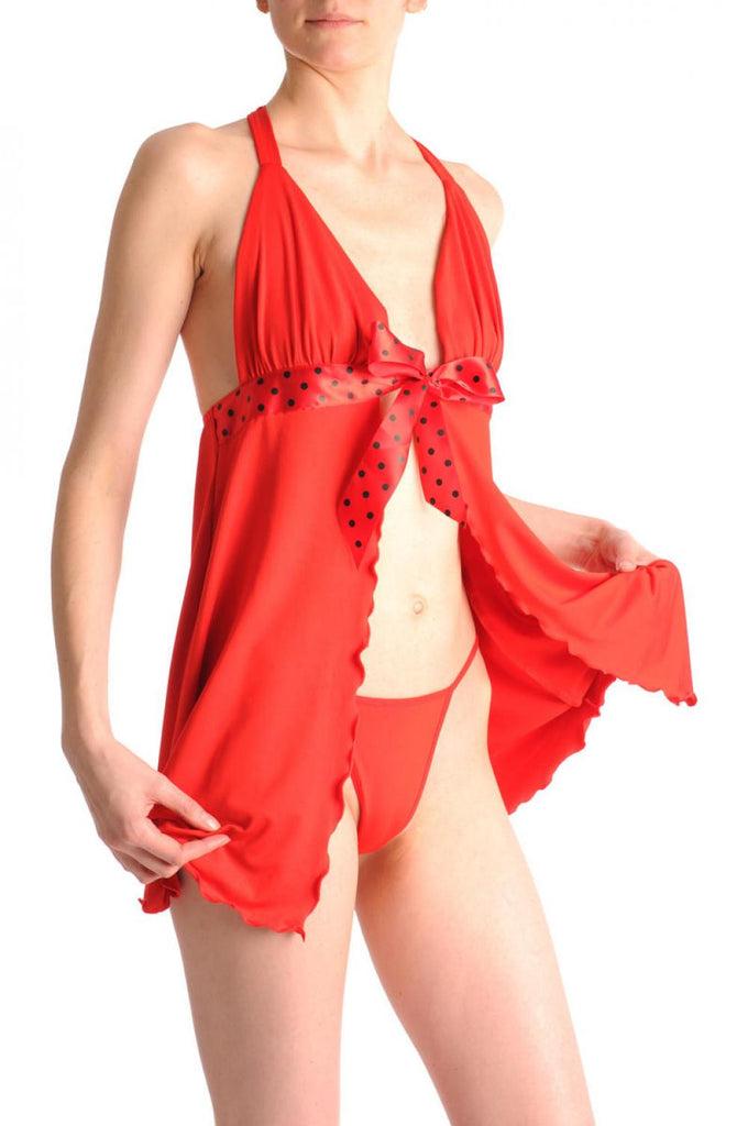 Liss Kiss Red Sheer Babydoll With Red Satin Polka Dot Bow & Matching Brief - Babydoll