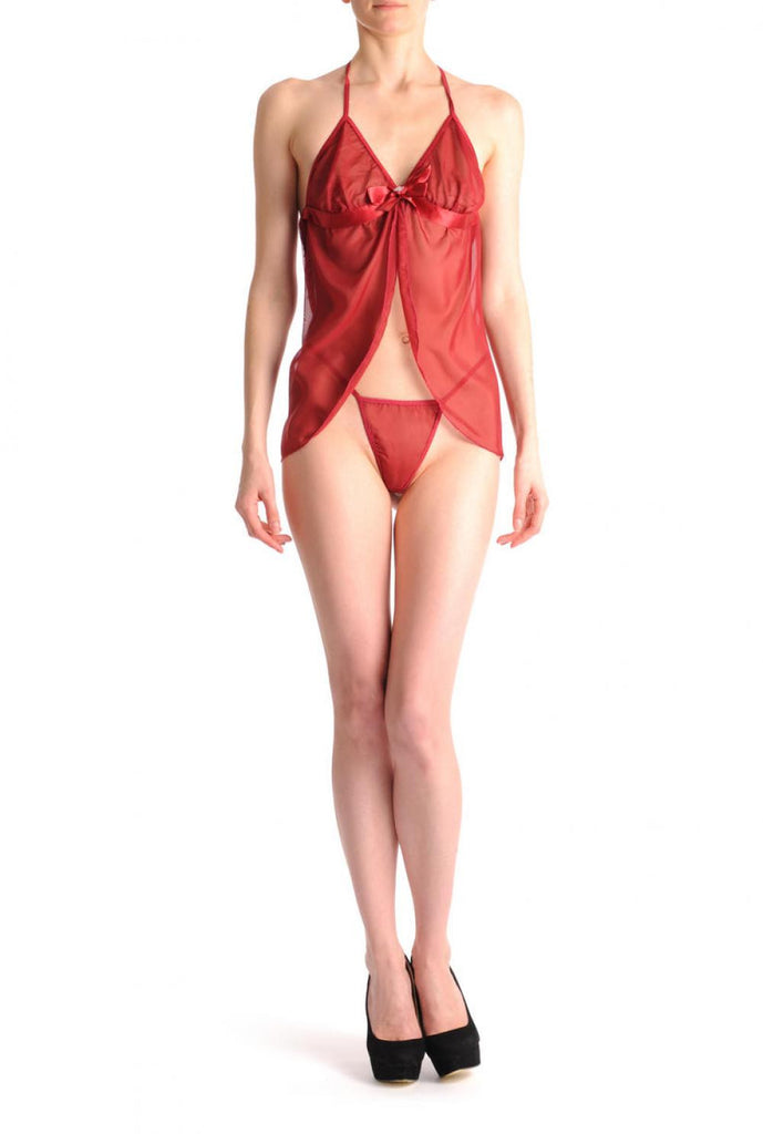 Liss Kiss Red Sheer Babydoll With Satin Bow Crystal & Matching Brief Set - Babydoll