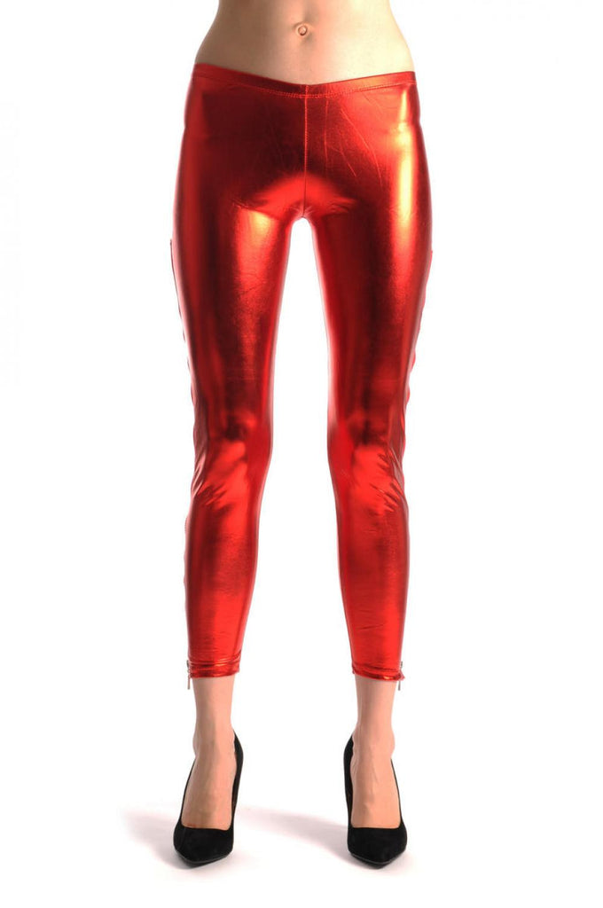 Liss Kiss Red Shiny Faux Leather Wet Look With Side Zip - Leggings