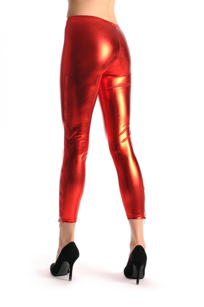 liss kiss Red Shiny Faux Leather Wet Look With Side Zip - Leggings