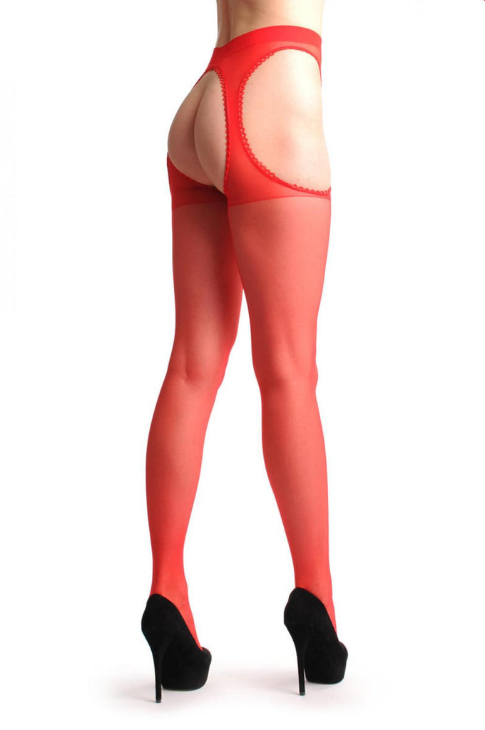 liss kiss Red Stockings With Lace Trimmed Attached Suspender Belt - Tights