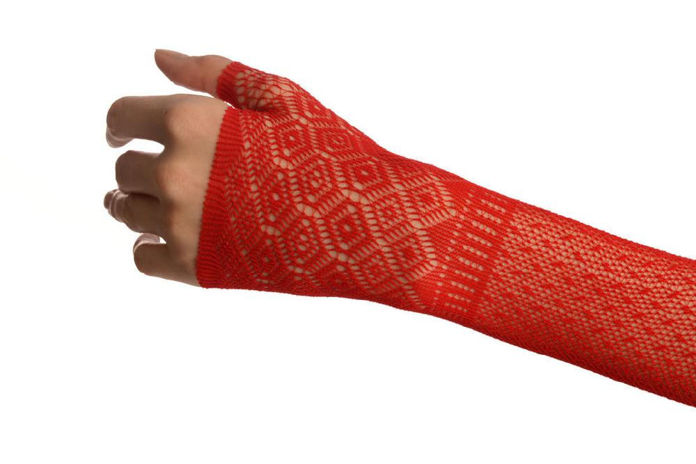 Liss Kiss Red Stretchy Crochet Lace Fingerless Evening Gloves - Gloves