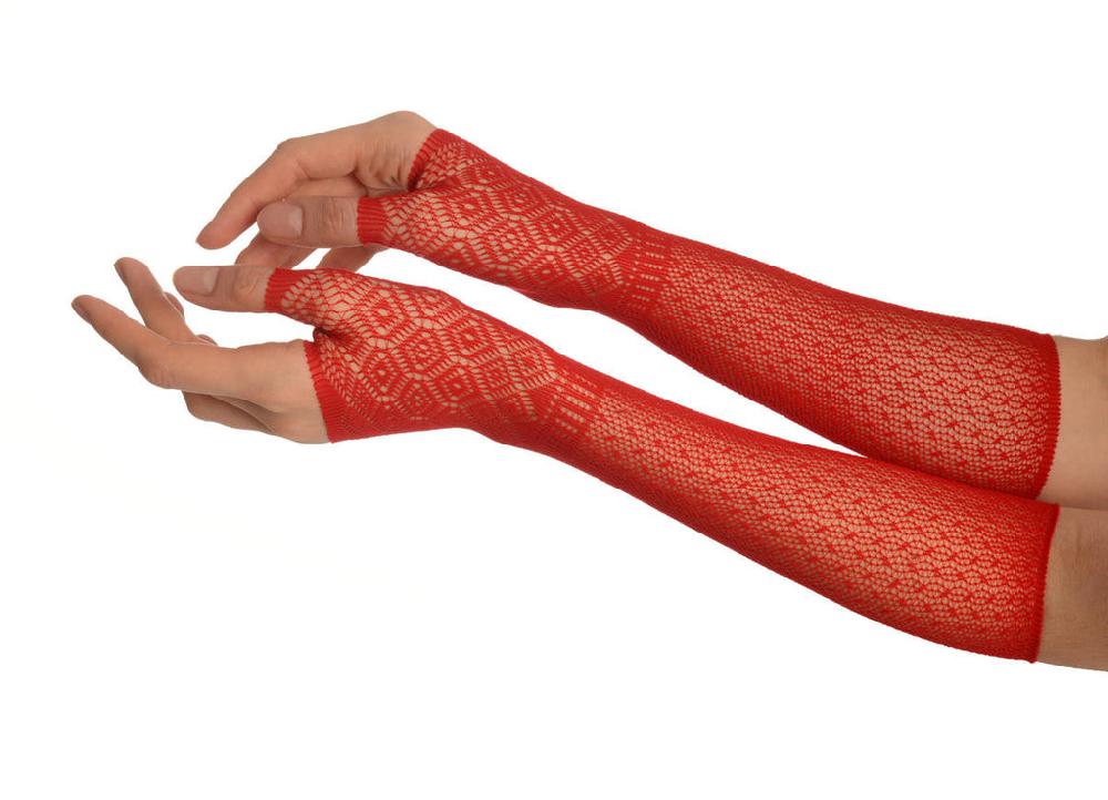 liss kiss Red Stretchy Crochet Lace Fingerless Evening Gloves - Gloves