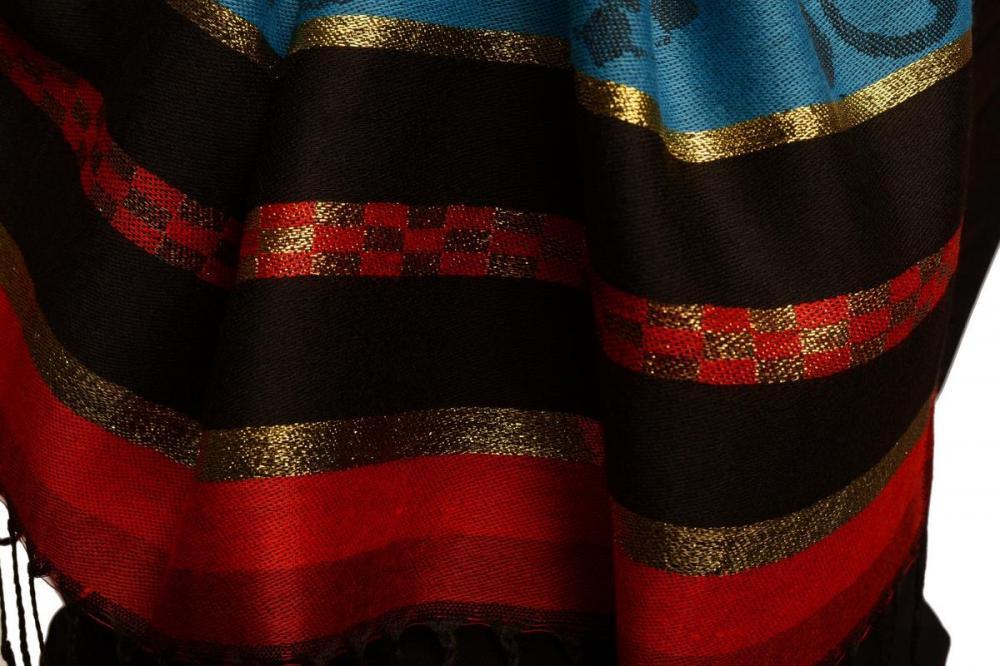 Liss Kiss Red Stripes & Gold Lurex Pashmina With Tassels - Scarf