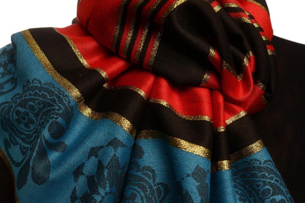 Liss Kiss Red Stripes & Gold Lurex Pashmina With Tassels - Scarf