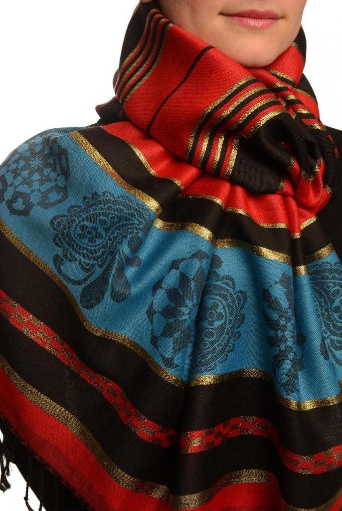 Liss Kiss Red Stripes & Gold Lurex Pashmina With Tassels - Scarf