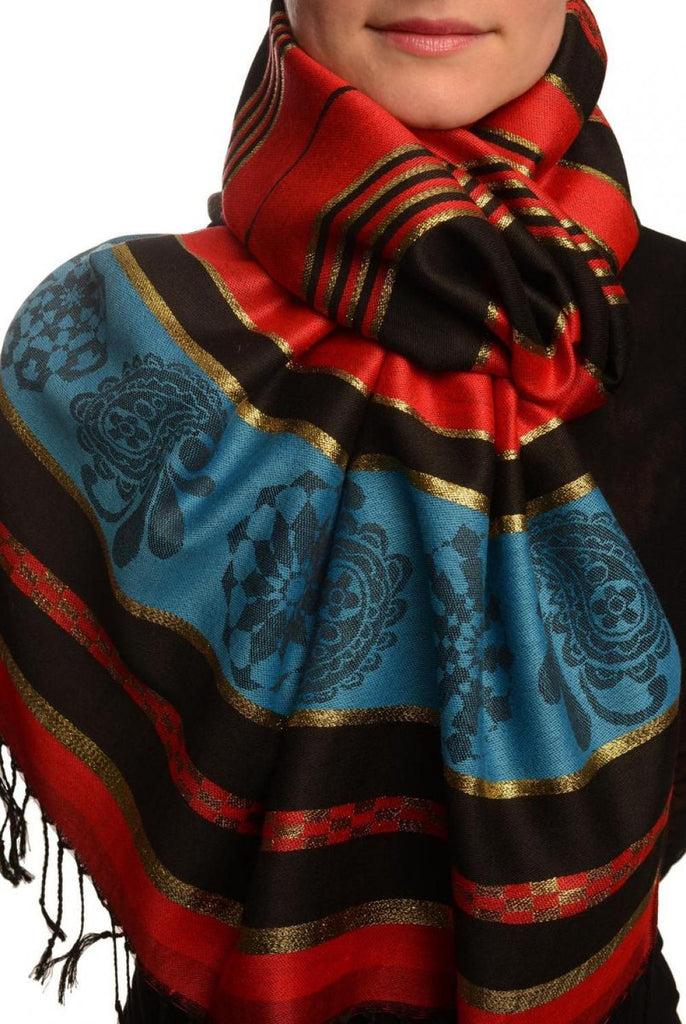 liss kiss Red Stripes & Gold Lurex Pashmina With Tassels - Scarf