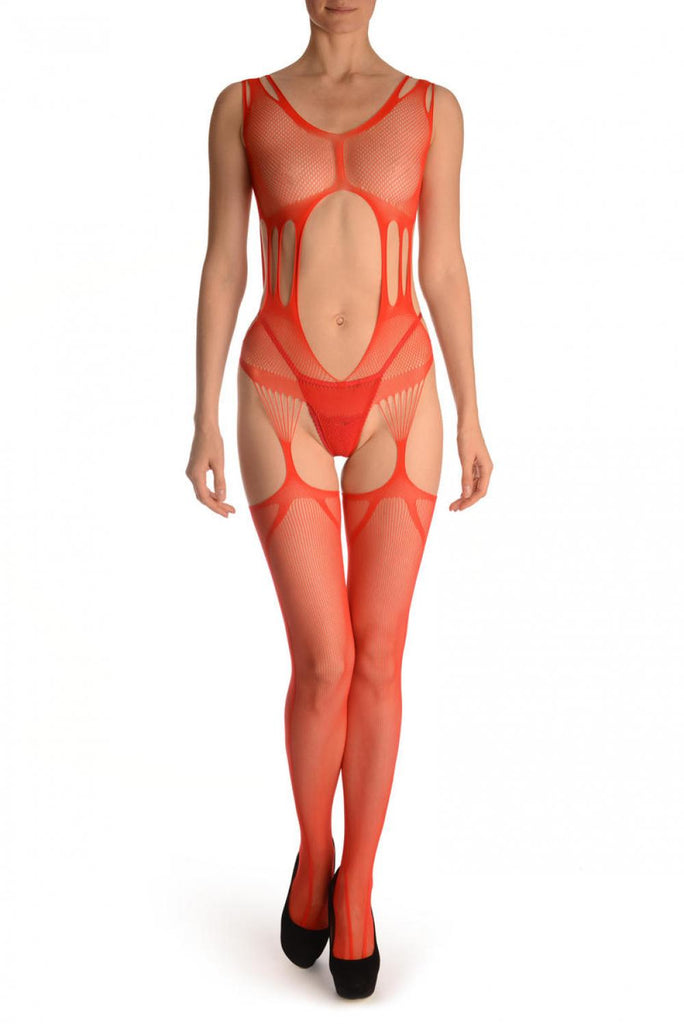 Liss Kiss Red Suspender Bodystocking With Open Panels - Bodystocking