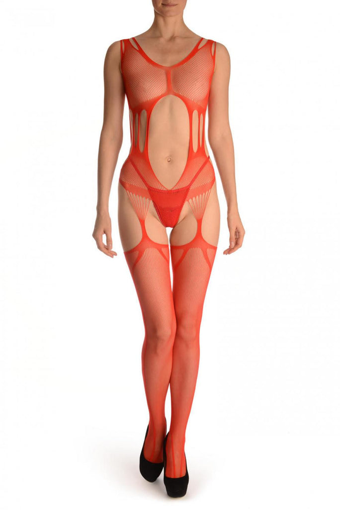 liss kiss Red Suspender Bodystocking With Open Panels - Bodystocking