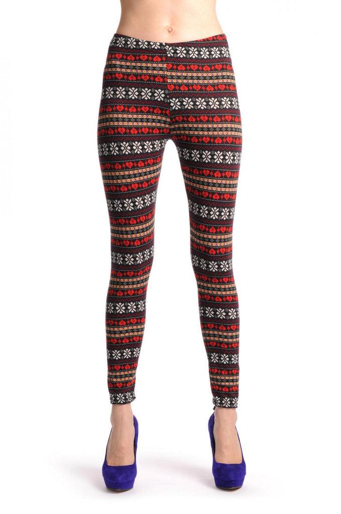 Liss Kiss Red White Beige & Black Aztec Jacquard Knit Print - Leggings