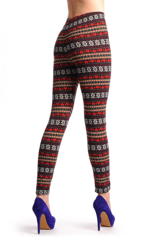 Liss Kiss Red White Beige & Black Aztec Jacquard Knit Print - Leggings