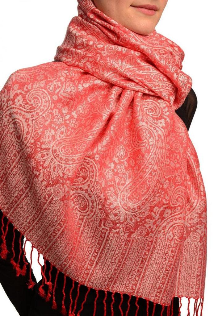 Liss Kiss Red & White Paisleys Pashmina Feel With Tassels - Scarf