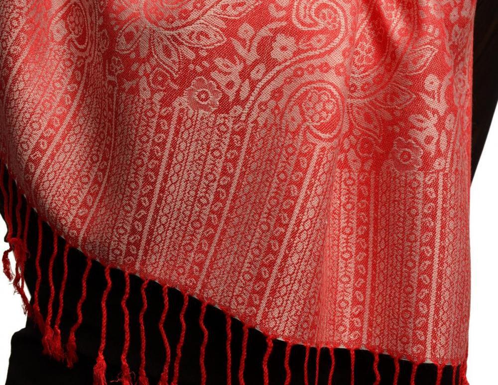 Liss Kiss Red & White Paisleys Pashmina Feel With Tassels - Scarf