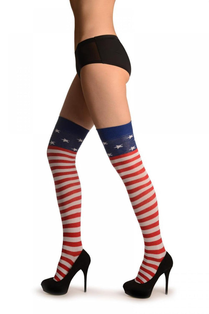 Liss Kiss Red& White Stripes & Shars On Blue (American Flag) - Over The Knee Socks