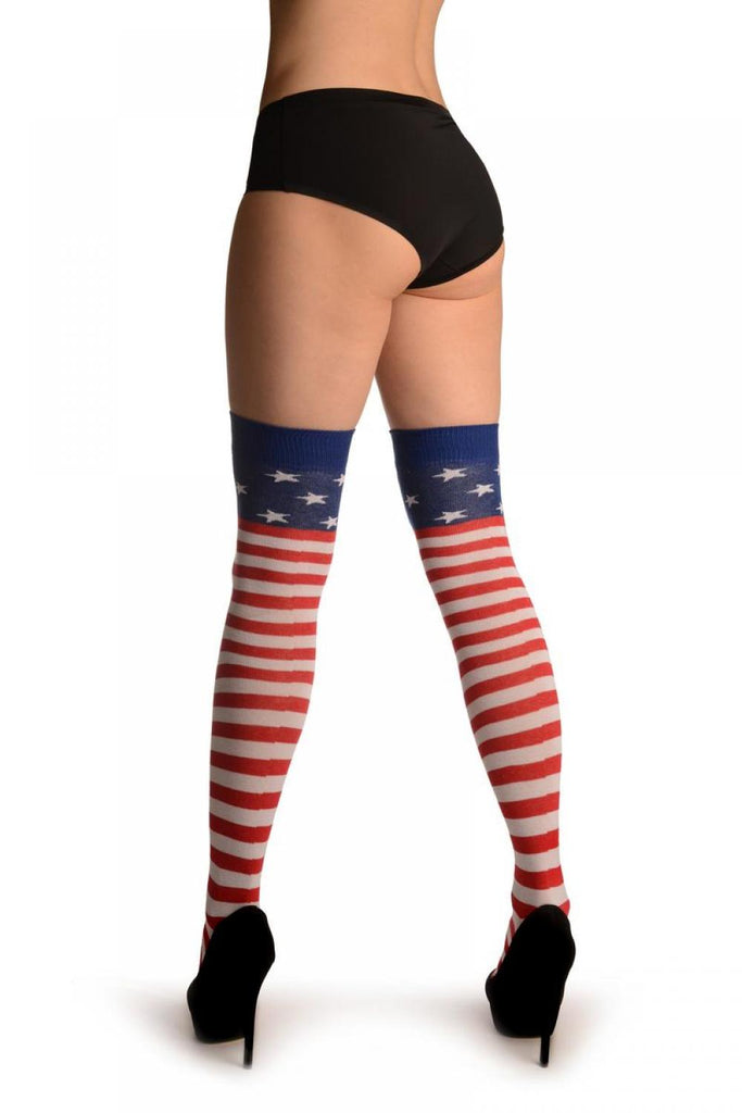 Liss Kiss Red& White Stripes & Shars On Blue (American Flag) - Over The Knee Socks