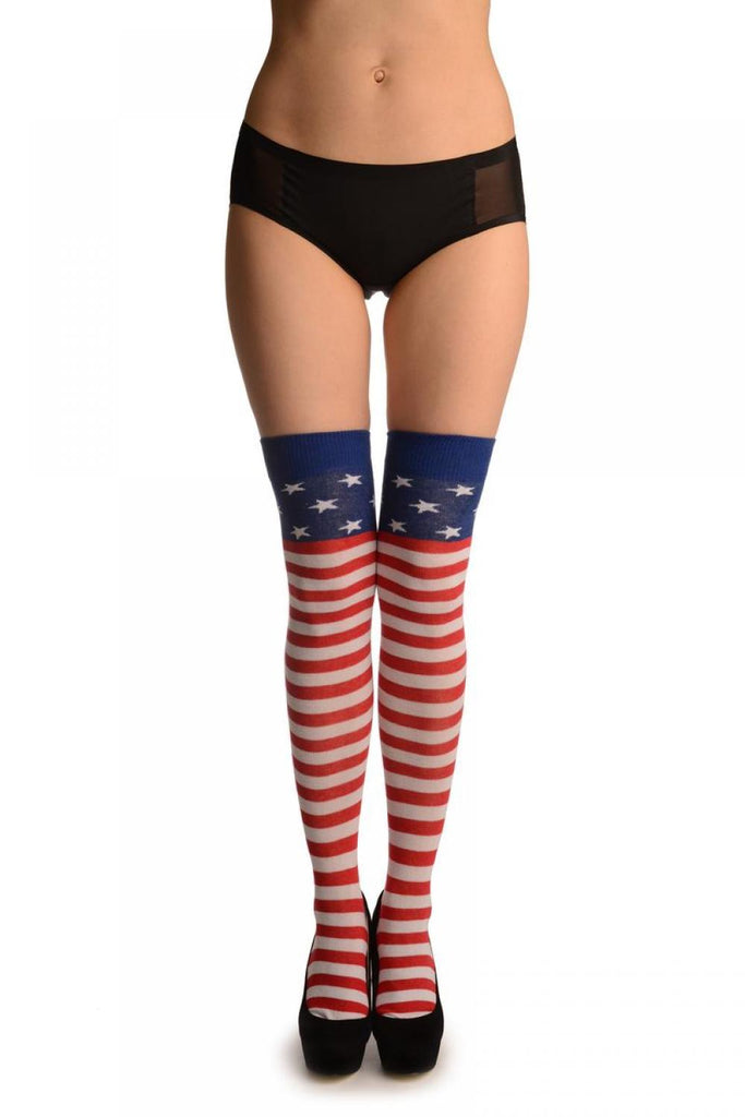 liss kiss Red& White Stripes & Shars On Blue (American Flag) - Over The Knee Socks