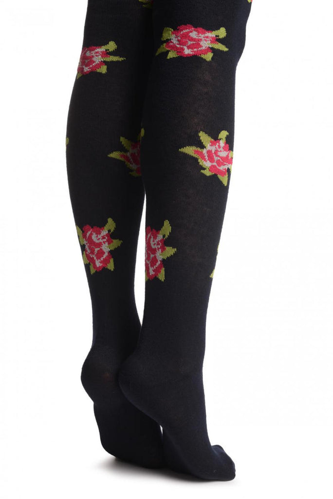 Liss Kiss Red With Blue Roses On Black - Over The Knee Socks