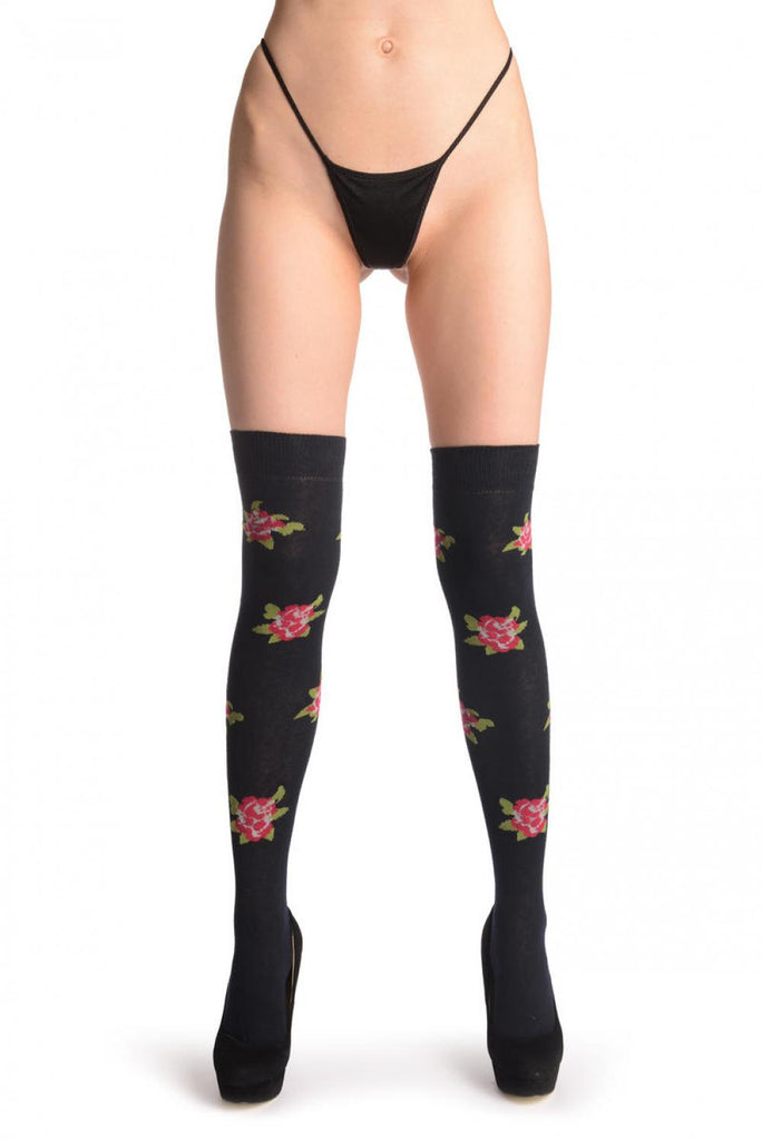 Liss Kiss Red With Blue Roses On Black - Over The Knee Socks