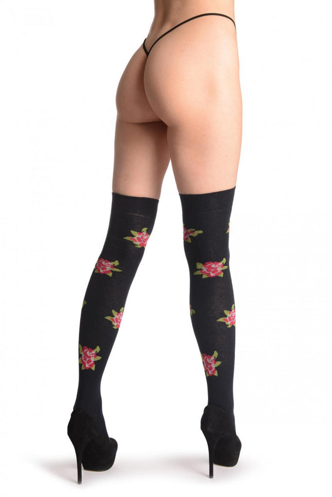 Liss Kiss Red With Blue Roses On Black - Over The Knee Socks