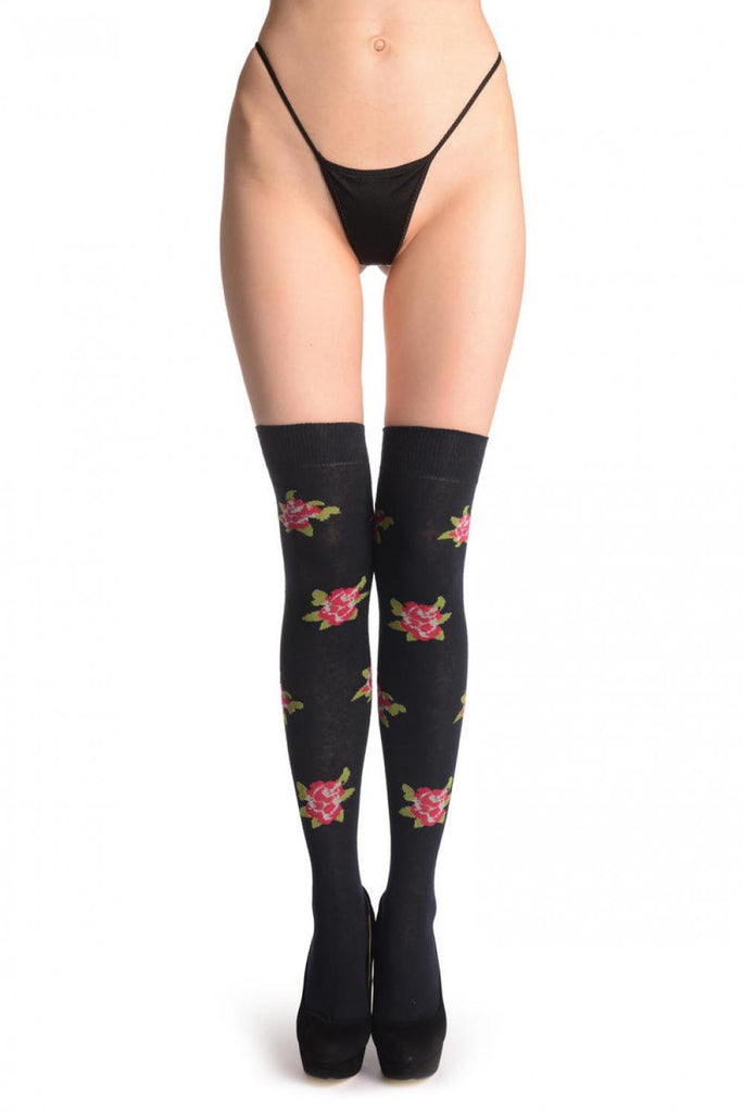 liss kiss Red With Blue Roses On Black - Over The Knee Socks